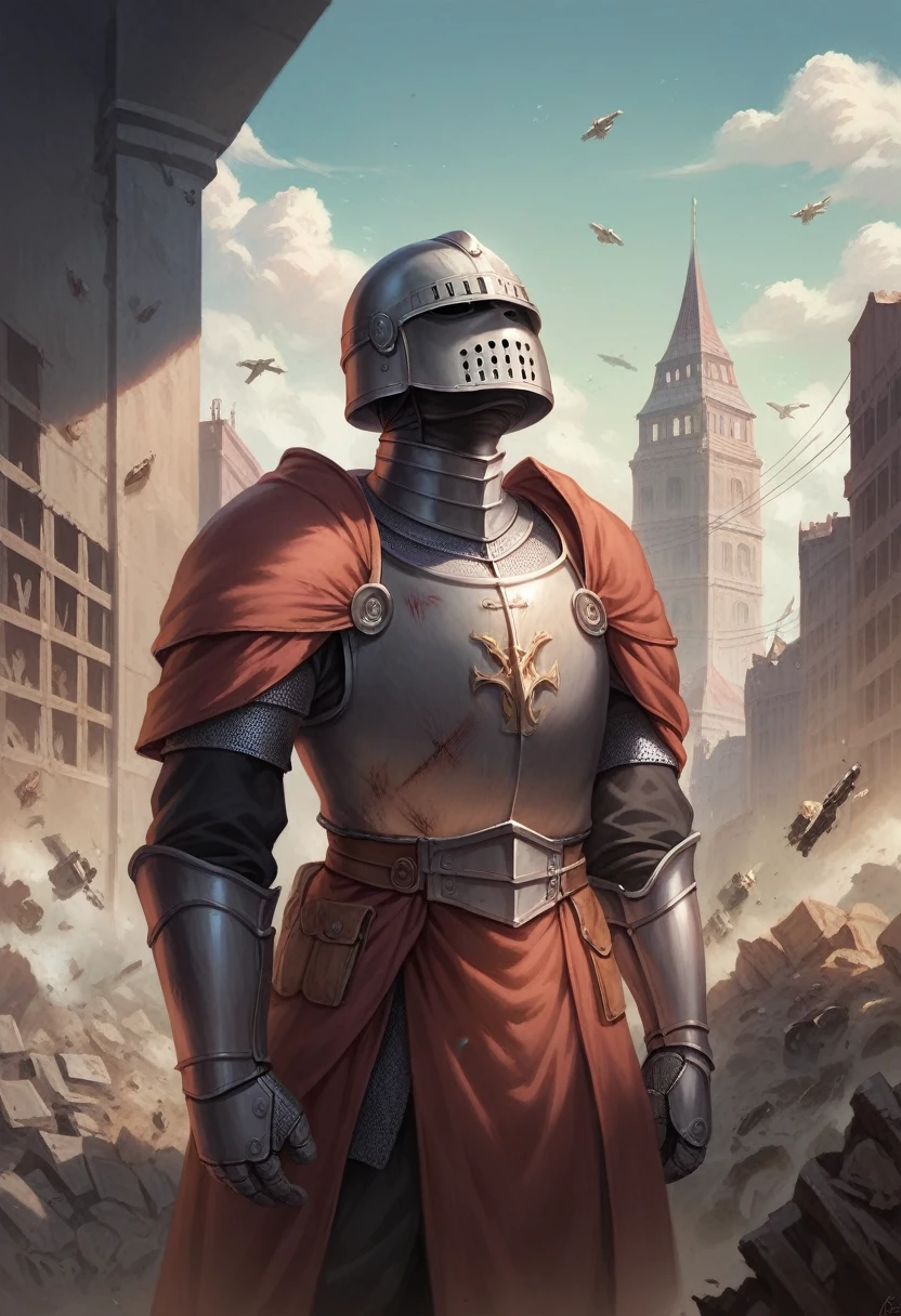 true armored warrior, alone in city, looking up at destruction, warn from war, trenches, realistic art, helmet off, black hair, detailed image, anime, detailed city, detailed background, tall man, beaten down, perfect structure, medieval times, futuristic 