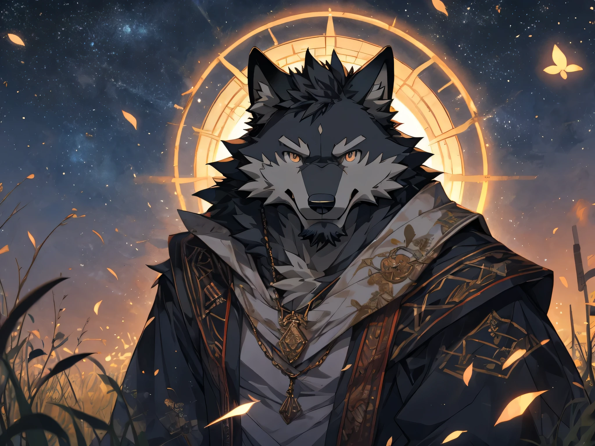 masterpiece, best quality, 8K resolution, Very detailed, hairy, Perfect anatomical structure, Light Particles,black Wolf, solitary, Vertical pupil,Eye, Strong, (Eye anthro wolf):1.3, (Black fur 1.4), White belly, Fur, Delicate Eye, Wolf tail, ((portrait)), , (Delicate Eye, 金Eye, Bright Eye):1.1, The Art of Mathematics, masterpiece, Anime style, shabby, muscular, uncle, Messy beard, middle aged, old, Lie在草地上, firefly, night, A few spots of light in the grass, Lie倒在草地上, Sleep, Lie:2
