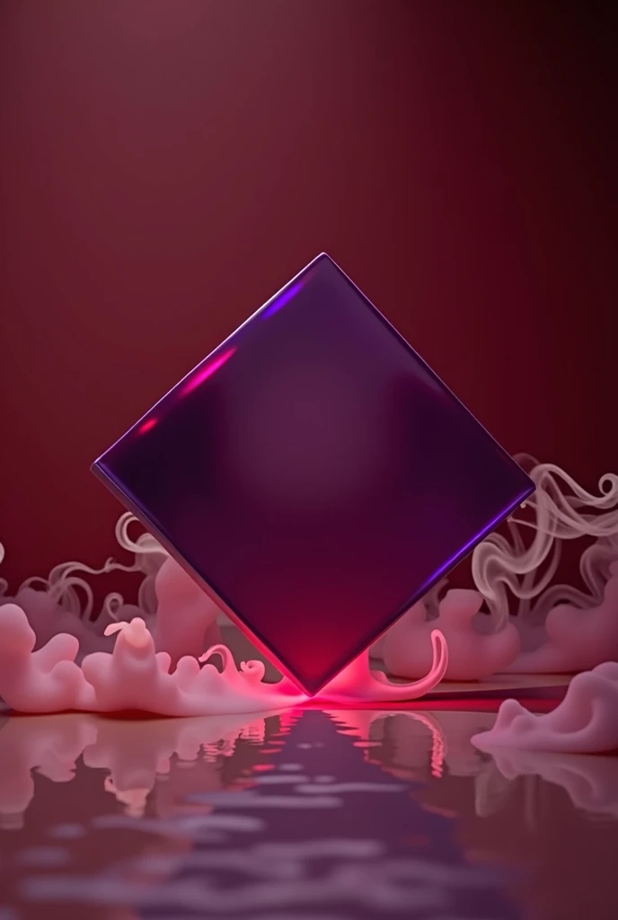 A concept music album cover, wine red minimalist background with a little smoke , main symbol is a square with its front facing tilted with the edge touching the ground, it is a semi-transparent opaque purple object, the point where the edge touches the ground gently reflects the object