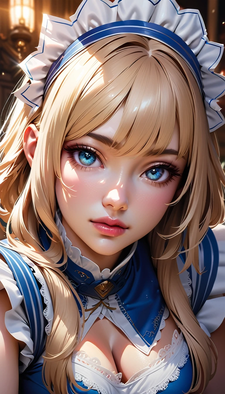 Anime Style, NFSW, Beautiful detailed portrait of a woman with big eyes, Fuller lips, happy, Long eyelashes, フリル Maid clothesを着て, Teen Fc Clothing, In sensual poses, (Highest quality,4K,8k,High resolution,masterpiece:1.2),Very detailed,(Realistic,photoRealistic,photo-Realistic:1.37),Very detailed顔, Maid clothes, Intricate details, Vibrant colors, Dramatic lighting, Structure of the film, Anime-inspired art style