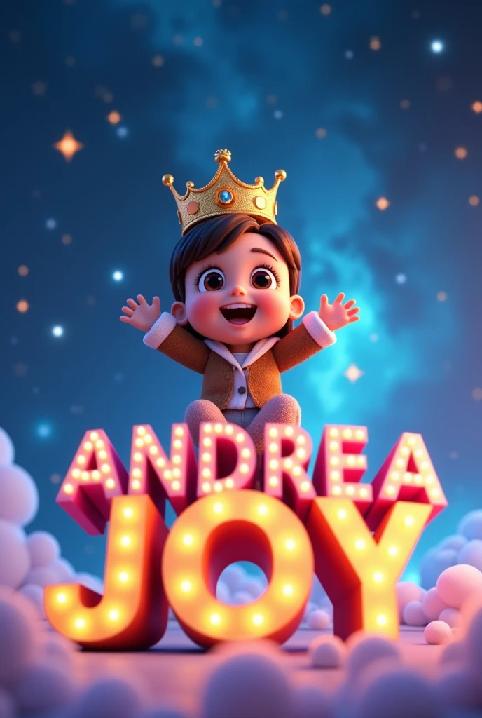 3D Animated of  Cute girl seating in text "ANDREAJOY" with Crown . Wearing Brown and white jacket . the background is blue outer space