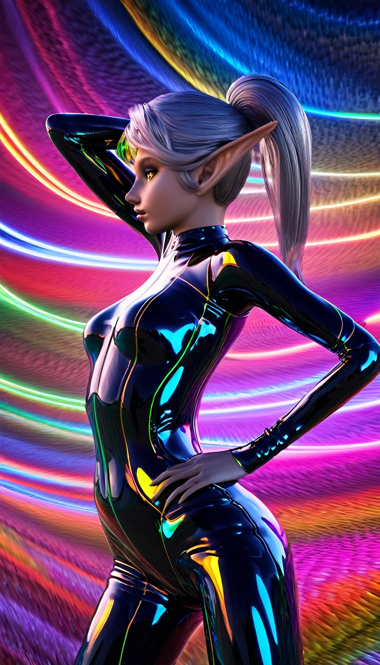 beautiful dark elf, short silver ponytail, glossy yellow eyes, (attractive and seductive) and (amorous and lewd) expression, great body proportion, wearing white seamless tight fitting rubber suit with neon lines, background tornado, iridescent lightning, conceptual installation art, (ultra detailed, absolutely resolution, best quality:1.3), 2.5D, delicate and dynamic effects, artistic, hyper, graphic CG digital art