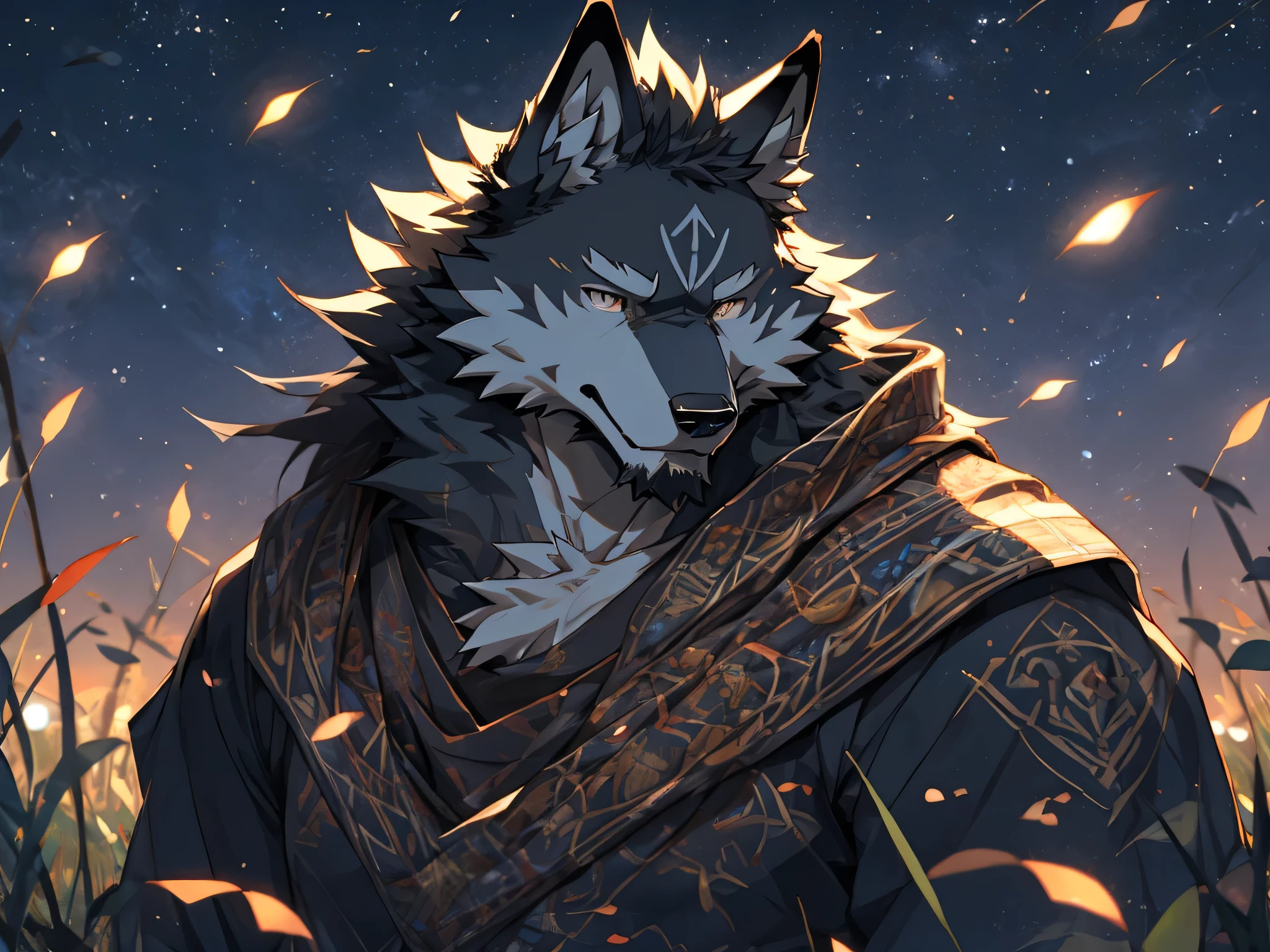 masterpiece, best quality, 8K resolution, Very detailed, hairy, Perfect anatomical structure, Light Particles,black Wolf, solitary, Vertical pupil,Eye, Strong, (Eye anthro wolf):1.3, (Black fur 1.4), White belly, Fur, Delicate Eye, Wolf tail, ((portrait)), , (Delicate Eye, 金Eye, Bright Eye):1.1, The Art of Mathematics, masterpiece, Anime style, shabby, muscular, uncle, Messy beard, middle aged, old, Lie在草地上, firefly, night, A few spots of light in the grass, Lie倒在草地上, Sleep, Lie:2