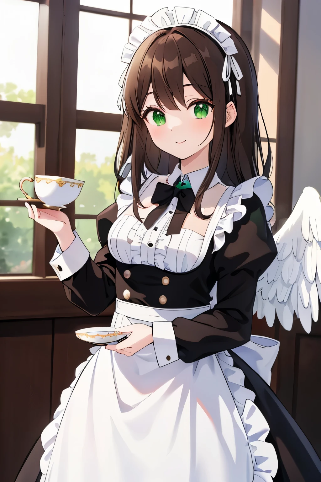 ((masterpiece, Highest quality, High resolution, 超High resolution, Pixel perfect, Written boundary depth, 4K, RTTX 10.0, High resolution))), 1 person, single, alone, Beautiful Anime, Beautiful art style, Anime characters, ((Shortcuts, bangs, Dark brown hair)), ((Green Eyes:1.4, Round eyes, Beautiful eyelashes, current eyes)), ((Smooth texture:0.75, Anime CG style)), ((Dynamic Angle, close)), Perfect body, (cute), Normal chest, whole body, ((4K, 8k, Highest quality, Perfect Fingers: 1.3, Perfect Anatomy: 1.3, Background Blur)), whole bodyアングル, Illustration of a female angel wearing a maid outfit, The character is an angel with pure white wings.、She wears a classic black and white maid outfit。, The maid outfit is decorated with frills and ribbons.、Elegant and lovely design。, She smiled gracefully.、Holding a teacup in his hand。, A soft light shines in the background。