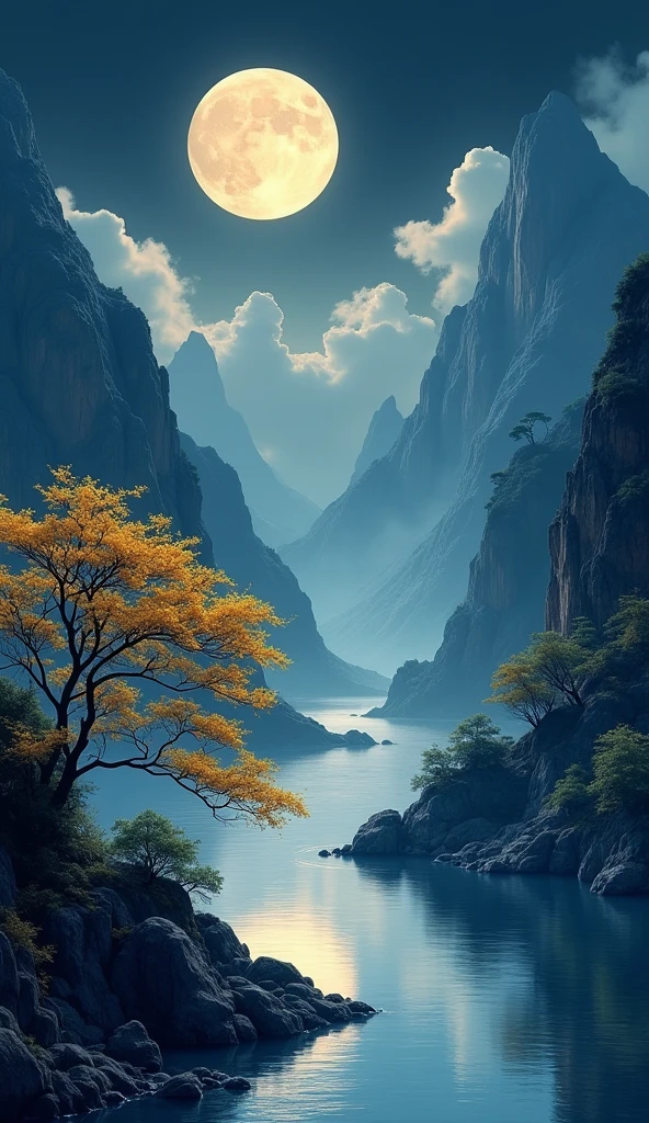 unmanned , Outdoor , night , dream ,( Dense teeth :1.4), Round Moon , Mountain , river , Golden branches , null , Gold decoration ,
( Minimalism :1.4), Chinese classical art , 黄龍がMountainを登る , Movie Posters , Minimalist Background ,。.3d, Beautiful screen ,
Highest quality , Perfect lighting , masterpiece , Official Art ,8k, Walpal file size is large , Huge file sizes , Very detailed , OC Renderer ,
Symmetrical shopping ,