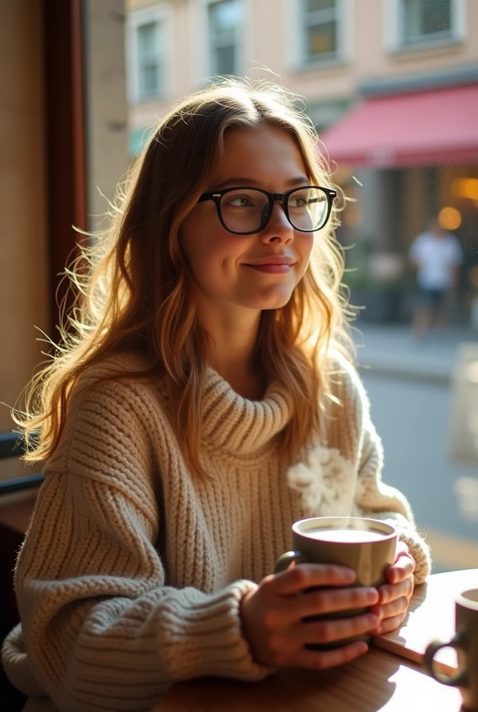 Girl with loose hair and glasses, with a mug of coffee in hand, in a sweater with a neck, through the coffee shop window