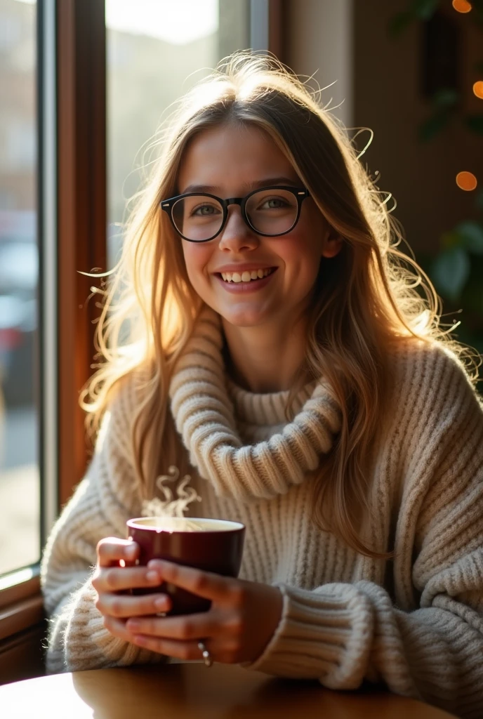 Girl with loose hair and glasses, with a mug of coffee in hand, in a sweater with a neck, through the coffee shop window
