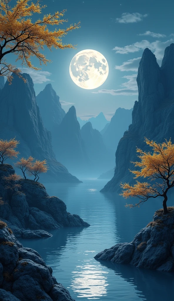 unmanned , Outdoor , night , dream ,( Dense teeth :1.4), Round Moon , Mountain , river , Golden branches , null , Gold decoration , ( Minimalism :1.4), Chinese classical art , 黄龍がMountainを登る , Movie Posters , Minimalist Background ,。.3d, Beautiful screen , Highest quality , Perfect lighting , masterpiece , Official Art ,8k, Walpal file size is large , Huge file sizes , Very detailed , OC Renderer , Symmetrical shopping ,