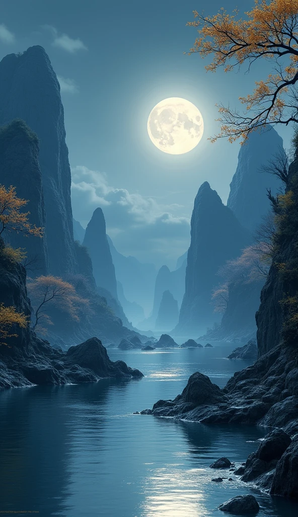 unmanned , Outdoor , night , dream ,( Dense teeth :1.4), Round Moon , Mountain , river , Golden branches , null , Gold decoration , ( Minimalism :1.4), Chinese classical art , 黄龍がMountainを登る , Movie Posters , Minimalist Background ,。.3d, Beautiful screen , Highest quality , Perfect lighting , masterpiece , Official Art ,8k, Walpal file size is large , Huge file sizes , Very detailed , OC Renderer , Symmetrical shopping ,