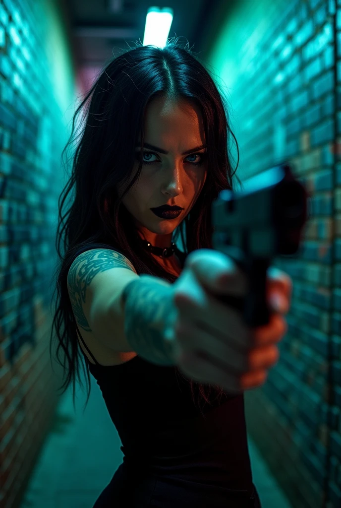 Woman goth aim gun at you angry eyes