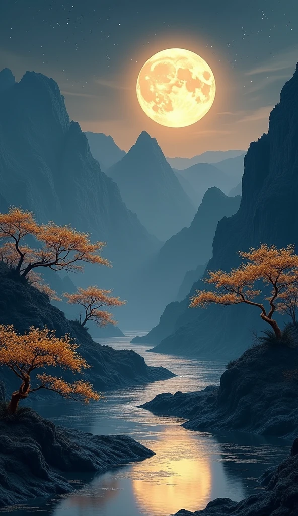 unmanned , Outdoor , night , dream ,( Dense teeth :1.4), Round Moon , Mountain , river , Golden branches , null , Gold decoration , ( Minimalism :1.4), Chinese classical art , 黄龍がMountainを登る , Movie Posters , Minimalist Background ,。.3d, Beautiful screen , Highest quality , Perfect lighting , masterpiece , Official Art ,8k, Walpal file size is large , Huge file sizes , Very detailed , OC Renderer , Symmetrical shopping ,