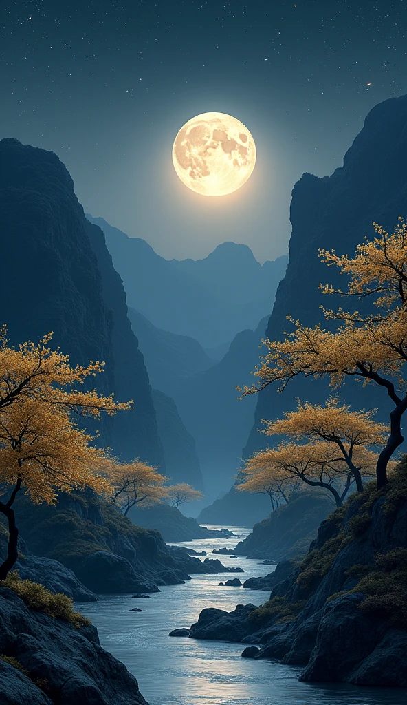 unmanned , Outdoor , night , dream ,( Dense teeth :1.4), Round Moon , Mountain , river , Golden branches , null , Gold decoration , ( Minimalism :1.4), Chinese classical art , 黄龍がMountainを登る , Movie Posters , Minimalist Background ,。.3d, Beautiful screen , Highest quality , Perfect lighting , masterpiece , Official Art ,8k, Walpal file size is large , Huge file sizes , Very detailed , OC Renderer , Symmetrical shopping ,