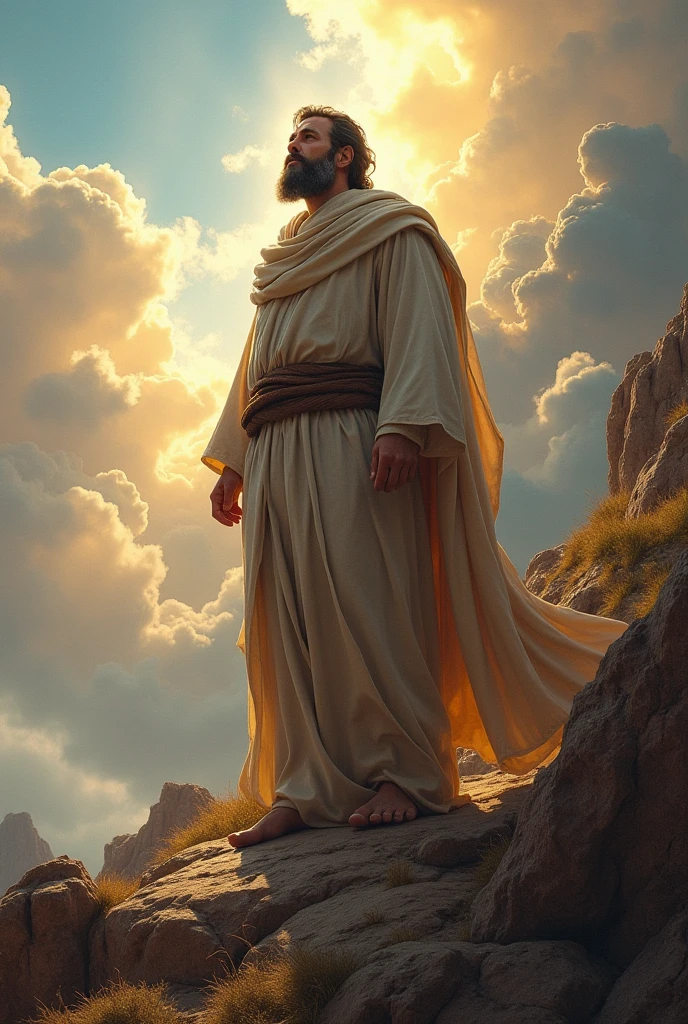 (Photorealism:1.2), Great Leader Moses, Meeting God at Mount Sinai, Enlarged upper body,