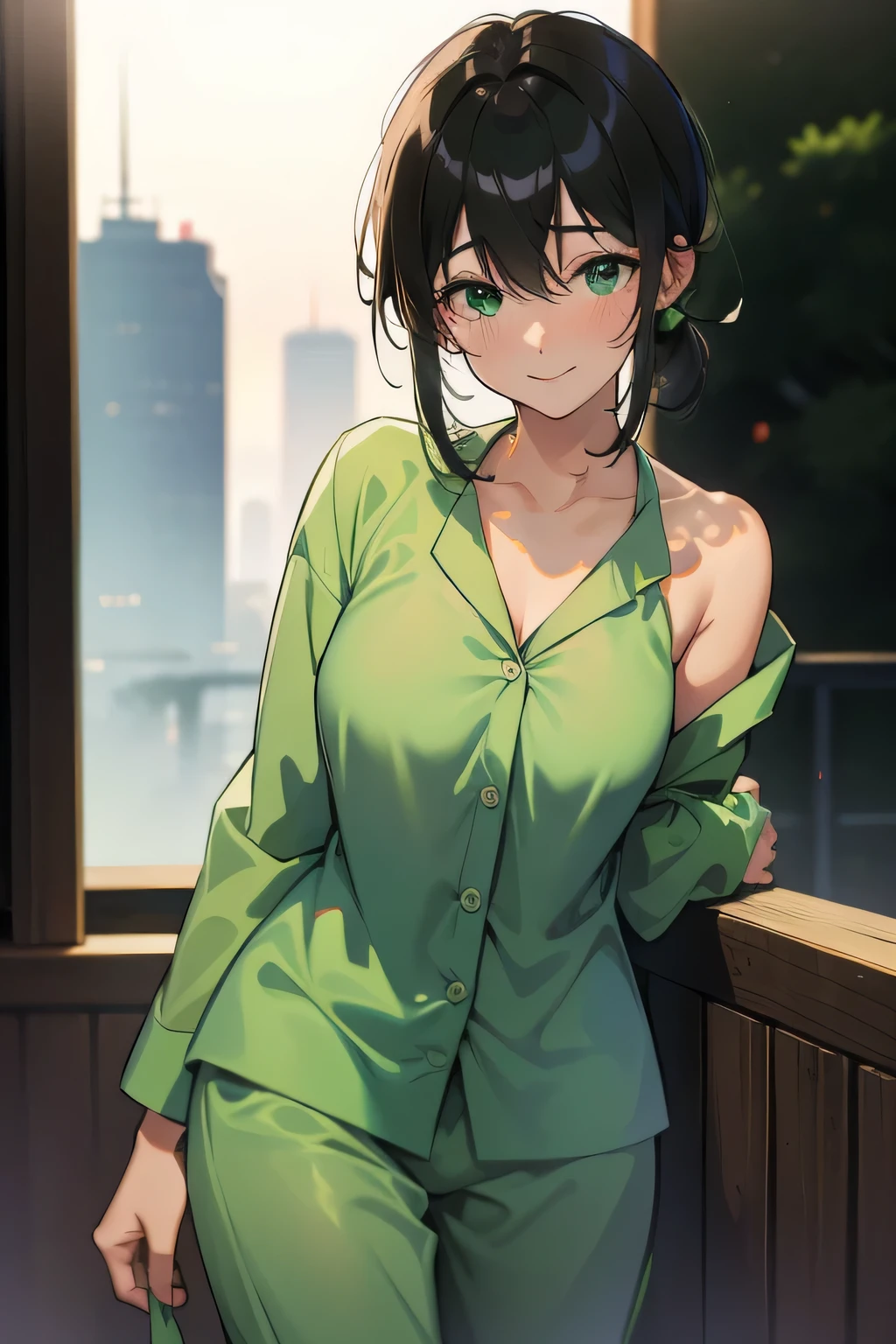 Female 4k 21 years old foggy city green eyes green pajamas black hair shy gentle smile textless city background blur