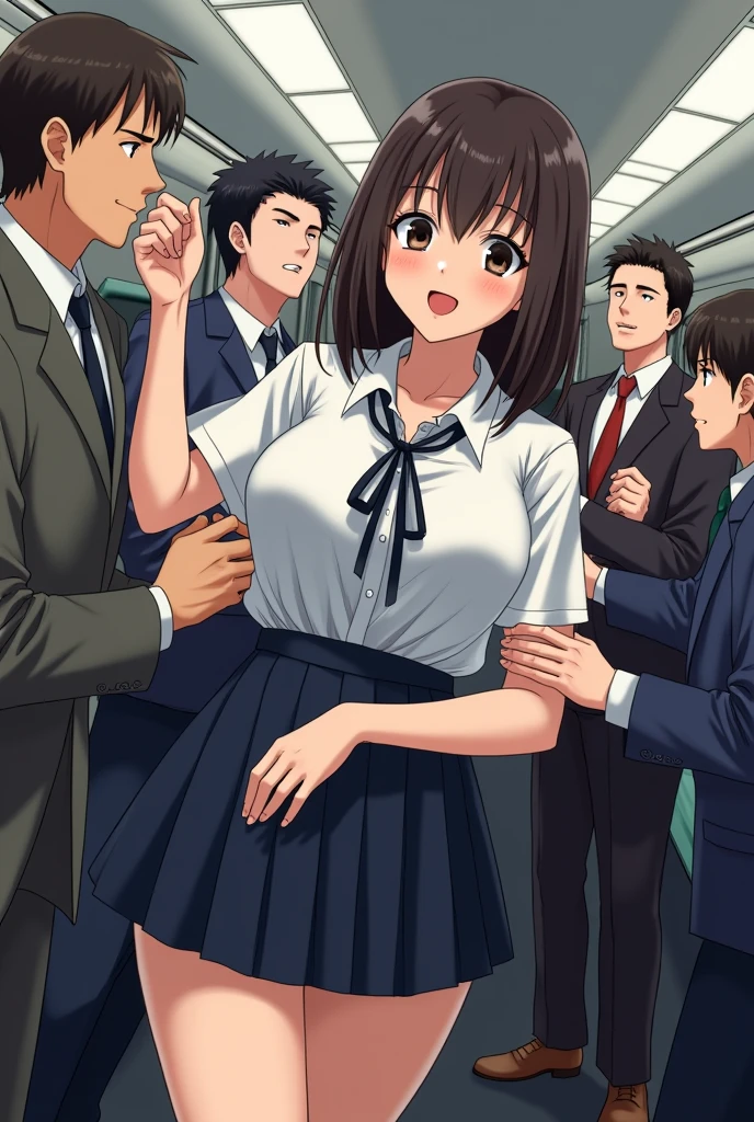 (molestation:1.8) japanese woman, very big breasts, oversized breasts, (white halfsleeve shirt,darkblue neckribbon,pleated short skirt, darkbrown shoulder length hair,bangs,ear),Chest grab, in the train, grab your butt, Multiple men around her grab her breasts, Chest grab, multiple hands, masterpiece, highest quality, very detailed, molestation, crowd of men, crowd surfing, very realistic face, very realistic eyes, crowd of men around her, the person who grabs her body, I squeezed my chest, molestation, masterpiece, highest quality, very detailed, 1 girl, multiple hands, Grab your ass with the crazy crowd, Chest grab, the men around her, squeezed body, Many people grab their chests, Be beaten, pulling on clothes, very wet and sweaty, grab clothes, (There are no women in the crowd), man with necktie