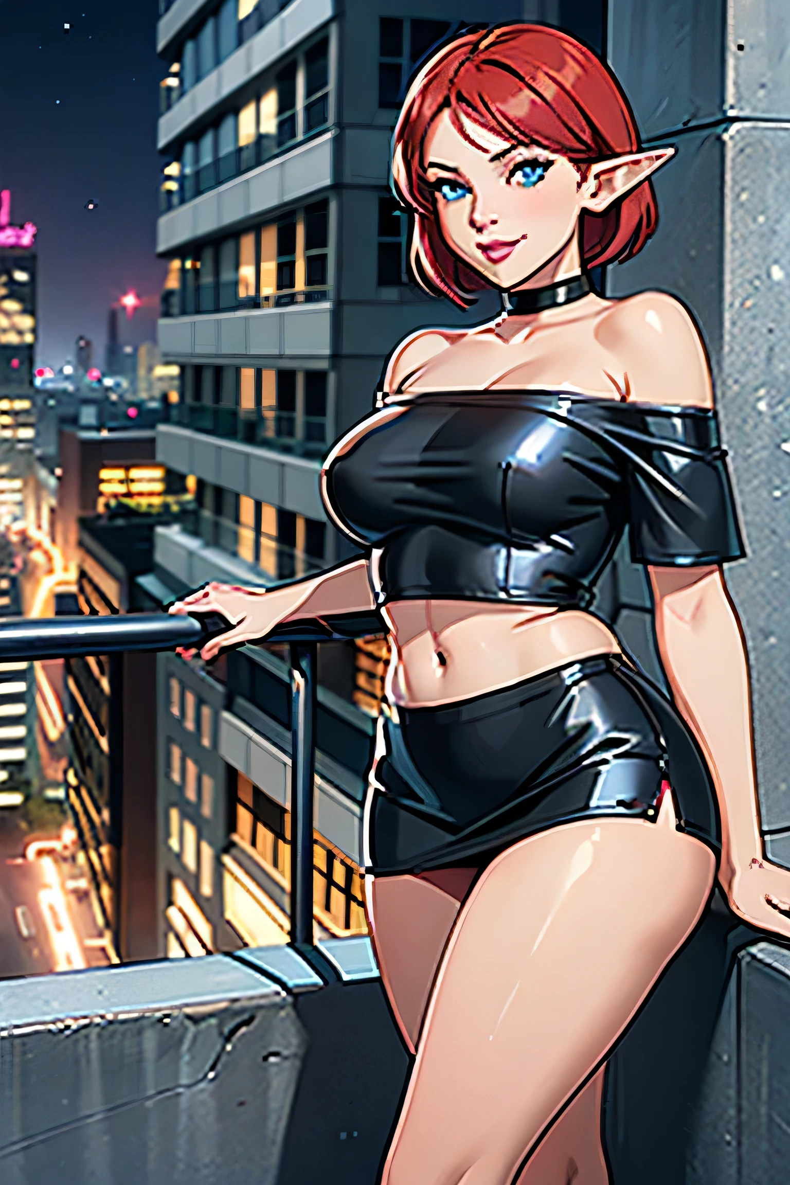 1girl, female elf, short red hair, blue eyes, curvy body, black off shoulder mini tee shirt, stomach exposed, hot pink leather mini skirt, black high heels, standing near a balcony, night, city in background, full pouty lips, hands resting on chest, lewd smile