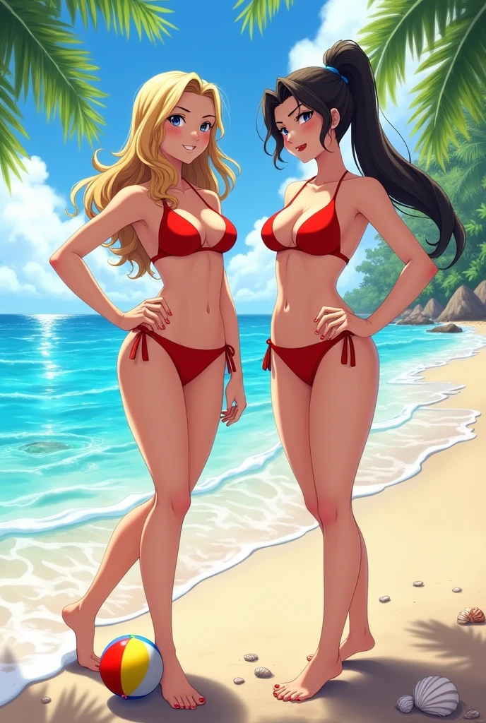 Two girls with big tits in a thin red bikini showing their ass