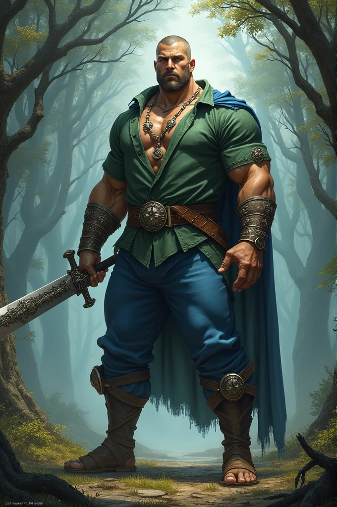 draw a two-meter tall muscular man from the Middle Ages, in blue pants, a green, slightly unbuttoned shirt and a large sword
