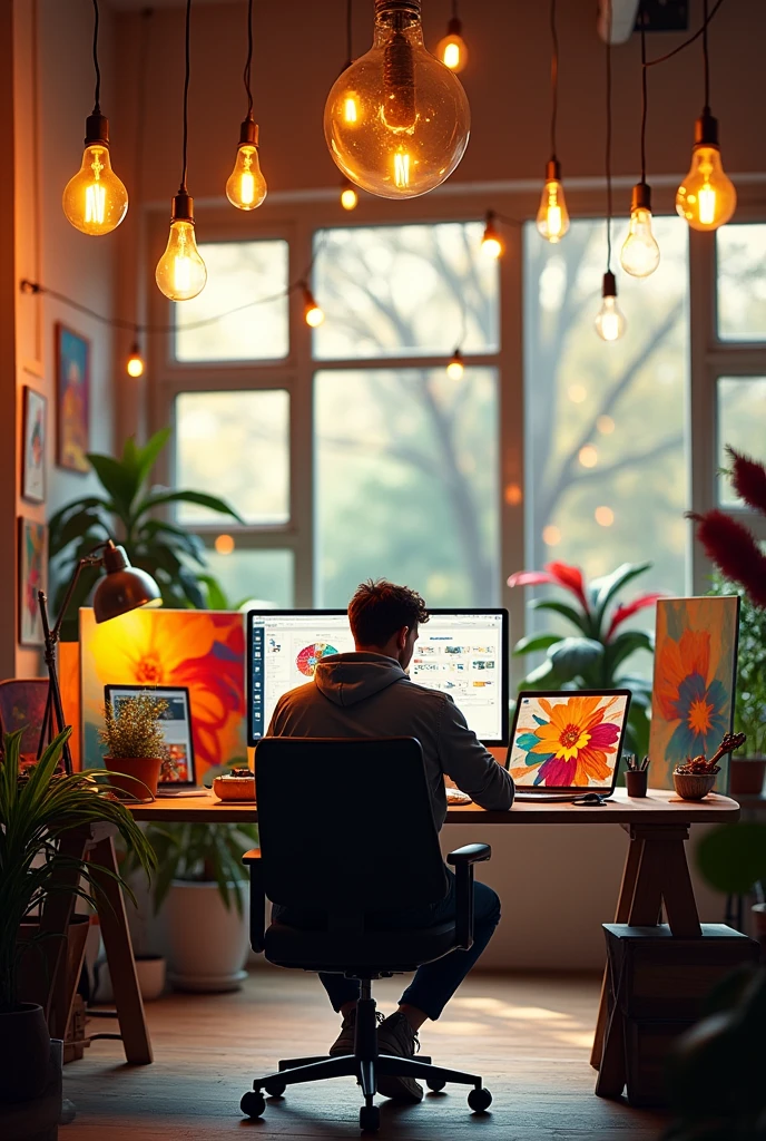 A man working joyfully in a bright, open workspace filled with symbols of creativity and passion. The person is fully engaged in their task, surrounded by tools or elements that represent their craft—whether it's a canvas and paints, a laptop with design software, or musical instruments. The room is bathed in warm, golden light, with vibrant colors and a sense of energy radiating from the scene. Above the individual, soft, glowing lightbulbs float, symbolizing inspiration and ideas. The overall atmosphere is uplifting, with the word 'Passion' subtly integrated into the background, conveying the joy of working on something one truly loves.