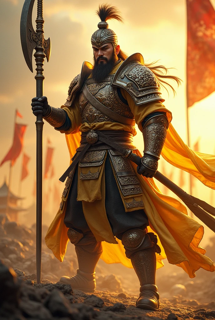 There was a man wearing Chinese clothing and holding a halberd. ,Characters in the Three Kingdoms, ancient soldier, Wearing Chinese iron armor, , Chinese warrior character design,Use Chinese halberd weapons, lu bu ,Novel Image ,Yellow tones,Yes, it&#39;s a Chinese general&#39;s hat.