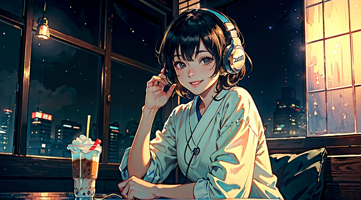 ((Highly detailed 8k CG unit, masterpiece, High resolution, Highest quality, Highest quality real texture skin)), (((Cute room))), (((Japanese style headphones))), (((iced coffee))), (((Listening to music with a smile))), ((1 person)), (Black Hair, , Beige skin), (Surreal, Digital Painting), (((Warm lighting))), (((The night sky seen through the large windows)))