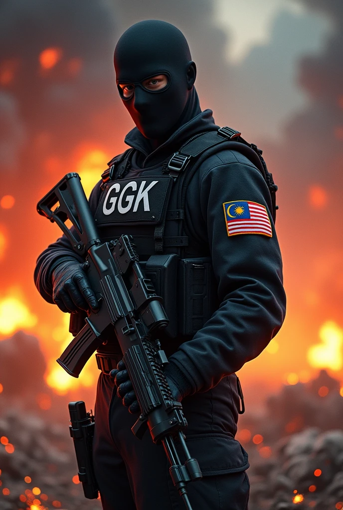 One special forces army in fully black uniform and masked face he's in operation saving people with fire and bombing behind him and holding rifle. Change the patch on his arm to Malaysia flag and the word infront of his uniform into GGK and make it animated style
Malaysia. Without the USA flag, only Malaysia flag