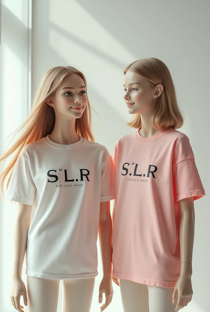 Creer une image de deux mannequins jeune fille et jeune homme portant une collection t shirts logo S¥L.R en evidences,. Cadre studio lumineux, camera 4K, cheveux jeune fille lisse vol au vent, souriante.