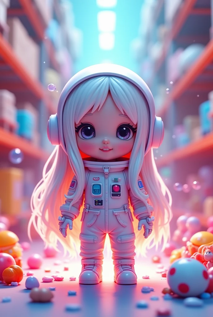 Super cute girl full body 3D image, 1pc, good eyes looking, big eyes, beautiful, happy, c4d, pop matt blind box, long white hair, bright bubbles, toys, solid colour background, chibi, fluorescent translucency, luminous body, kawaii, doll, (((astronaut, space suit))), reference table, pop mart blind box, Pixar, complex details, 3d rendering, blender, OC renderer, fol body reference sheet, Dribbling, High Details, 8K, Studio Lighting, , , Child, Chibi, SD characters: 1.1, Magic Space Warehouse background