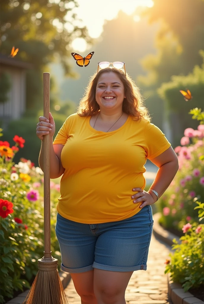 A butiful chubby lady with yellow tshirt and blue short, broom in hand