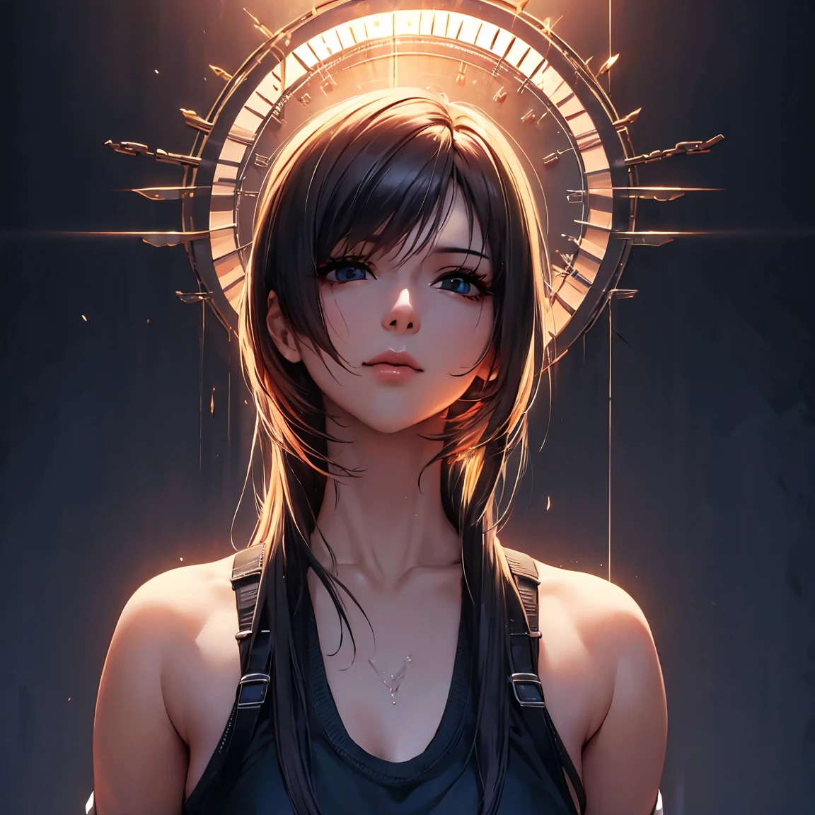 (masterpiece), (Highest quality), 8k resolution, Very detailed, Very detailedリエアート, Actual site, photograph, Photorealistic, (One person), Tifa, Final Fantasy, Tifaロックハート, Light of the sun, Cinematic, Cool pose, No makeup、light makeup、Concrete wall、Metal Pipe,Beautiful eyes in every detail、double eyelid,Shortcuts、Dark brown、,Slim figure、Gray background,