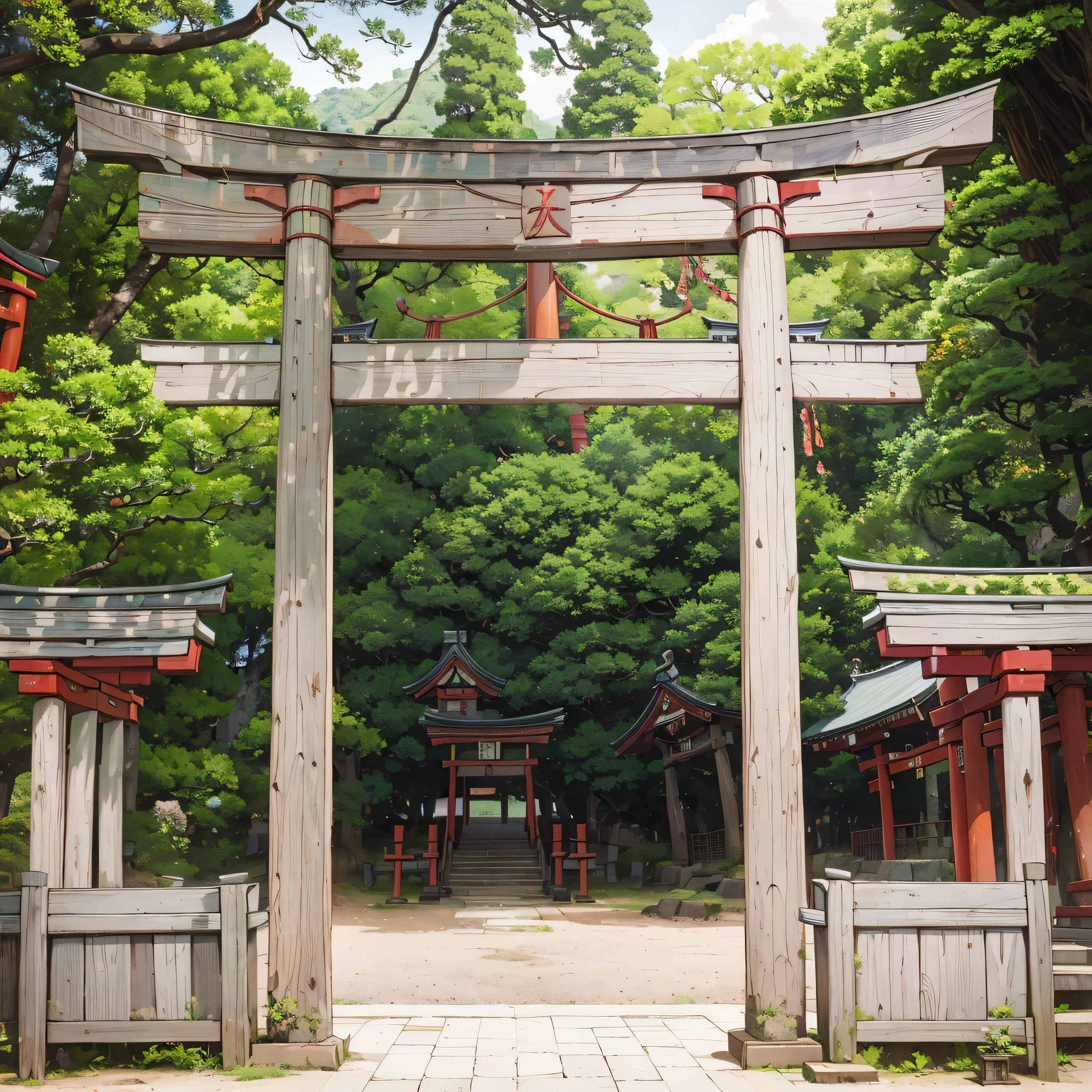a large wooden gate in a park with a bench and trees, centered torii gate, torii in a moutain with trees, shinto shrine, torii gate, japanese shrine, torii, inspired by Torii Kiyomoto, japanese torii in a moutain, japanese temple, near a japanese shrine, kamakura period, japan nature