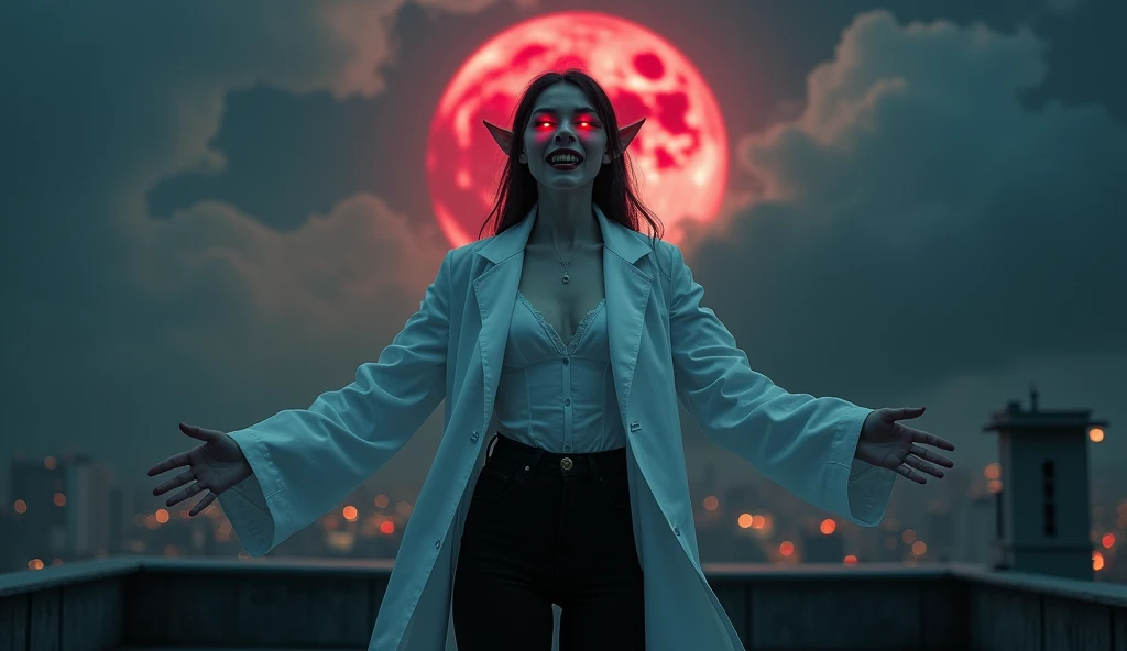 1 young female vampire medical researcher, white lab coat, black pants, extremely pale-white skin, pointed ears, evil smile with fang showing, red glowing eyes, arms spreads, palms facing forward, standing on rooftop, stands in middle, medical research facility, night setting, front to camera, full body shot, powerful stance, wind blowing garments, dramatic sky, blood moon, high contrast shadows, reflective surfaces, gothic atmosphere, distant view, sense of solitude, feeling of supremacy, cinematic composition, wide-angle shot, realistic