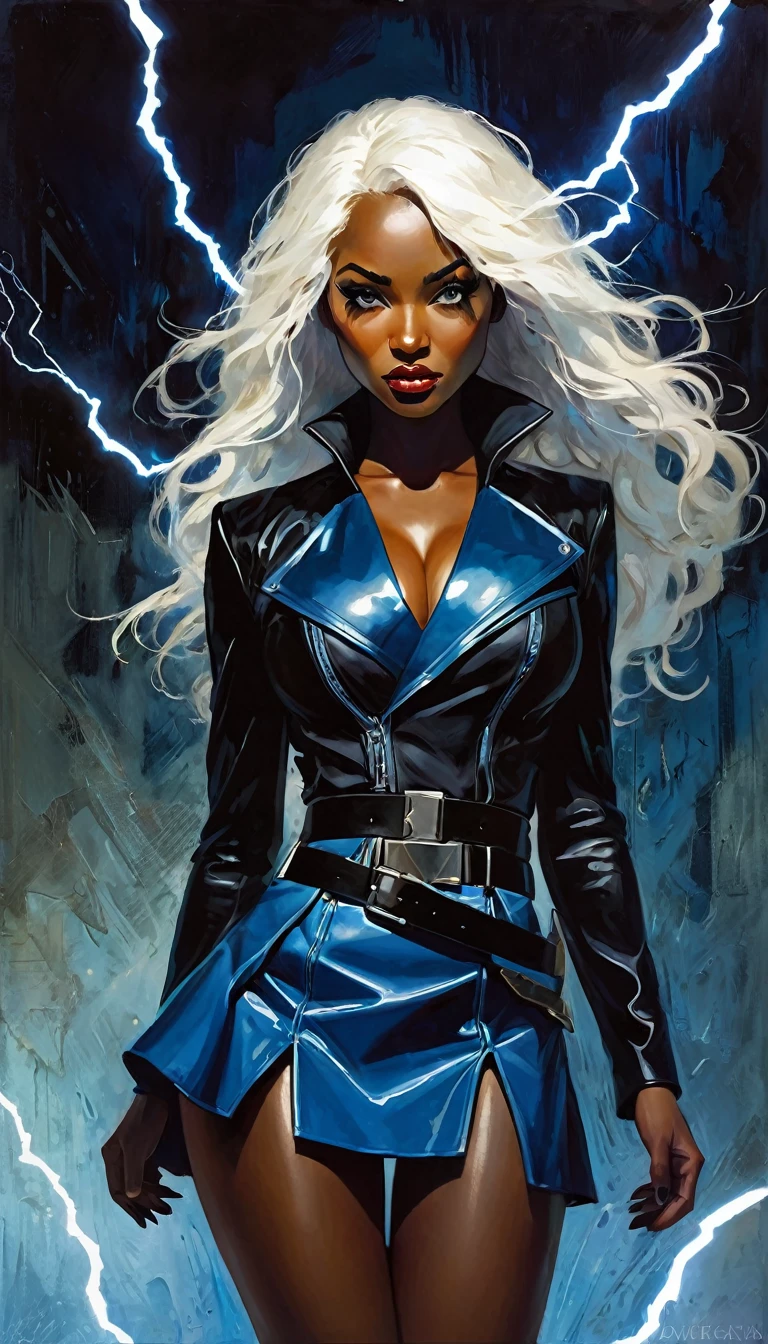 storm character, black skin, long white hair, blue eyes, superhero black leather suite, miniskirt, , x on the belt, lightning, (best quality, 4k, 8k, high resolution, masterpiece: 1.2), ultra-detailed, (realistic, photorealistic, photorealistic: 1.37), details intricate, vivid colors, sharp focus, professional, Dave McKean artwork, surrealism oil touch, oil painting style, portrait, woman, beautiful detailed eyes, beautiful detailed lips, dreamy atmosphere, shadow play, lighting soft, fun pose, dark tones, ethereal background, fantasy elements, texture, layered composition.art inspired by Bill Sienkiewicz and Dave McKean
