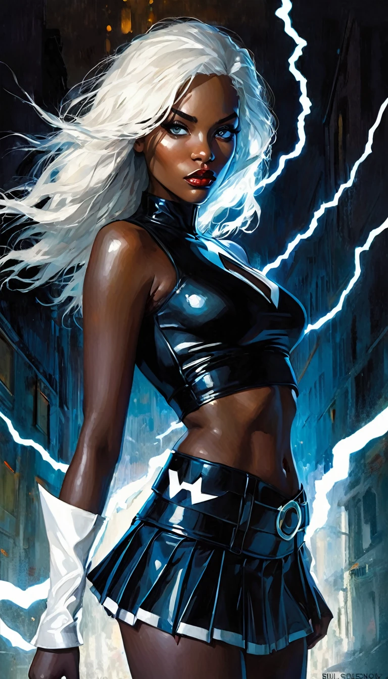 storm character, black skin, long white hair, blue eyes, superhero black leather suite, miniskirt, , x on the belt, lightning, (best quality, 4k, 8k, high resolution, masterpiece: 1.2), ultra-detailed, (realistic, photorealistic, photorealistic: 1.37), details intricate, vivid colors, sharp focus, professional, Dave McKean artwork, surrealism oil touch, oil painting style, portrait, woman, beautiful detailed eyes, beautiful detailed lips, dreamy atmosphere, shadow play, lighting soft, fun pose, dark tones, ethereal background, fantasy elements, texture, layered composition.art inspired by Bill Sienkiewicz and Dave McKean