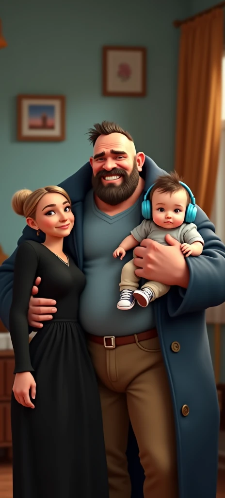 family of 3 people, an adult couple and an 8-month-old baby. The father is in the center, he is wearing dark blue coat and light blue shirt and brown pants, he is the tallest, big and strong,, full shaved bald hair and has a medium black Viking-style beard, with light brown eyes and he has grumpy face. The father is holding the 8-month-old baby in his left arm. The eight-month-old baby has dark blond hair and big dark blue eyes, the baby is wearing light grey jumper and light brown pants and converse withe shoes and headphones blue. The mother has light brown hair and light brown eyes, her hair tied up and a beautiful smile, she is very beautiful and elegant. She is wearing black dress, Character should be colorful and have a fun, friendly look, with exaggerated, expressive features. Pixar style.
