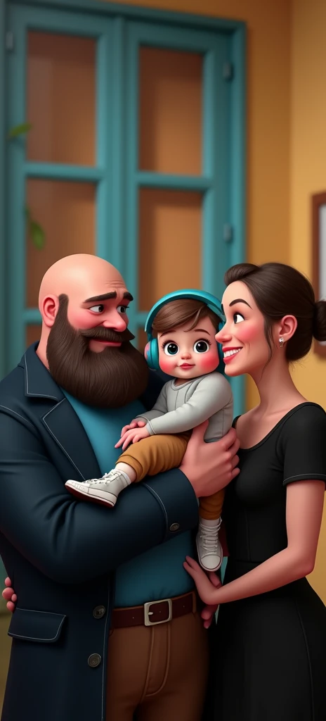 family of 3 people, an adult couple and an 8-month-old baby. The father is in the center, he is wearing dark blue coat and light blue shirt and brown pants, he is the tallest, big and strong,, full shaved bald hair and has a medium black Viking-style beard, with light brown eyes and he has grumpy face. The father is holding the 8-month-old baby in his left arm. The eight-month-old baby has dark blond hair and big dark blue eyes, the baby is wearing light grey jumper and light brown pants and converse withe shoes and headphones blue. The mother has light brown hair and light brown eyes, her hair tied up and a beautiful smile, she is very beautiful and elegant. She is wearing black dress, Character should be colorful and have a fun, friendly look, with exaggerated, expressive features. Pixar style.