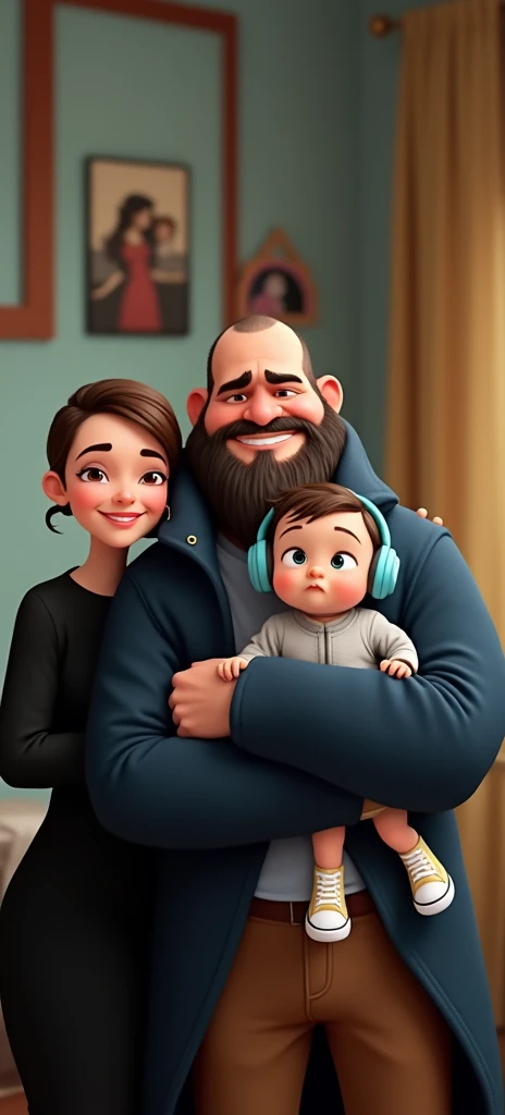 family of 3 people, an adult couple and an 8-month-old baby. The father is in the center, he is wearing  dark blue coat and light blue shirt and brown pants, he is the tallest,  big and strong,,  full shaved bald hair and has a medium black Viking-style beard, with light brown eyes and  he has grumpy face. The father is holding the 8-month-old baby in his left arm. The eight-month-old baby has dark blond hair and big dark blue eyes, the baby is wearing light grey jumper and light brown pants and converse withe shoes and headphones blue. The mother has light brown hair and light brown eyes, her hair tied up and a beautiful smile, she is very beautiful and elegant. She is wearing black dress, Character should be colorful and have a fun, friendly look, with exaggerated, expressive features. Pixar style. 