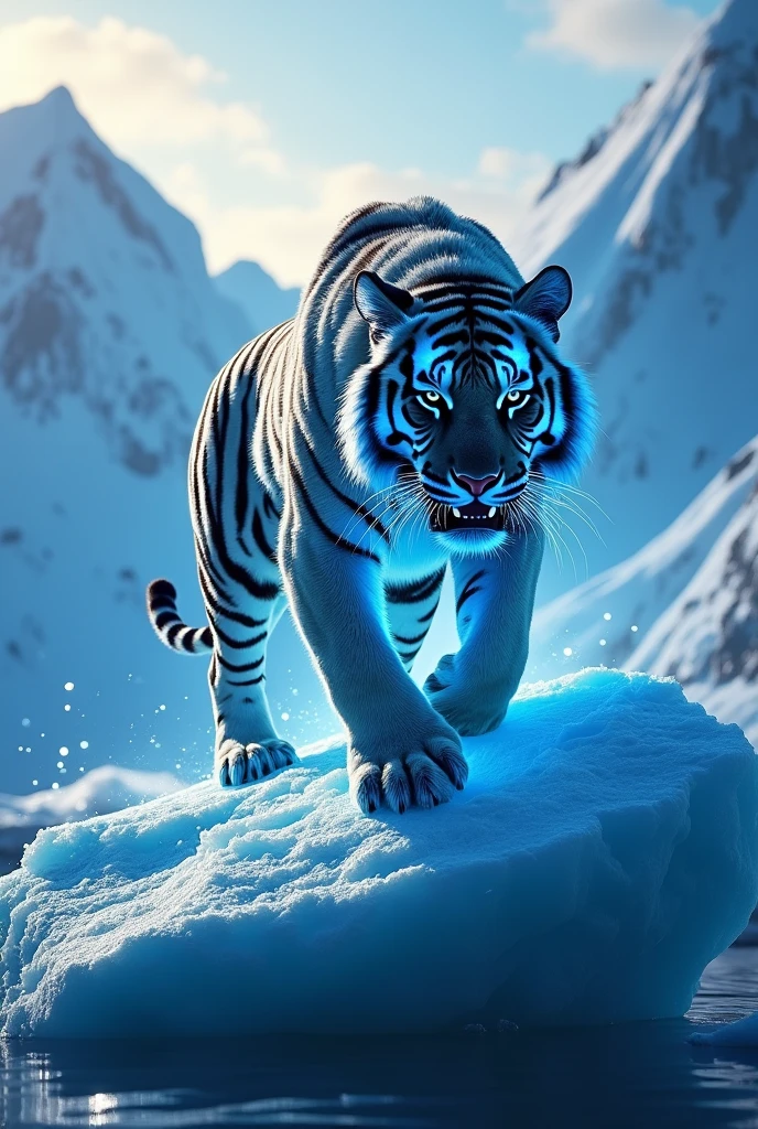 Tiger with lightning strips, in iceberg