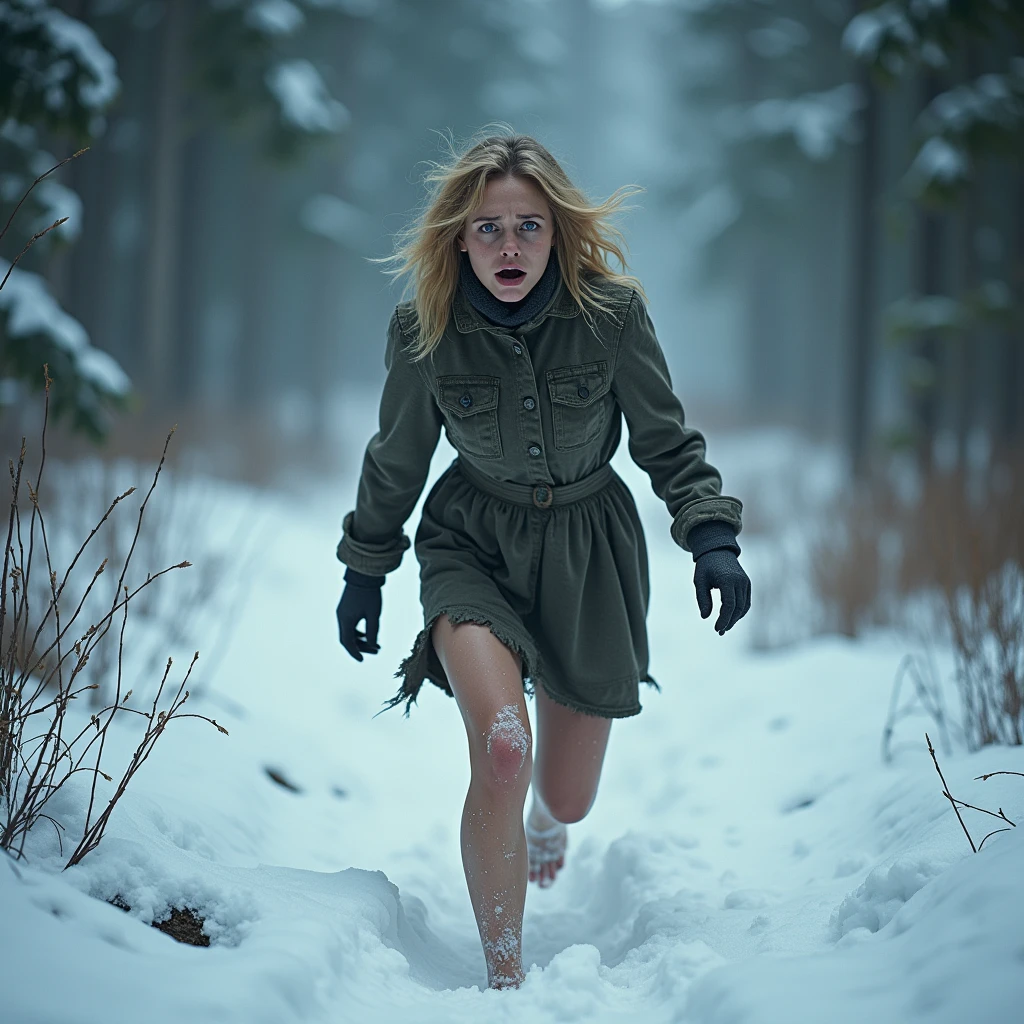 (((masterpiece))), (((Highest quality))), ((Very detailed)), (photograph), (photo:1.2) of a Russian gorgeous elder 50 years old running through the forest through snowdrifts, bare footed, Blondish, Medium-length hair without styling, Snow on wet hair, torn, Dirty. Stained Short Long Sleeve Dress, (dirty, filthy, dusty outfit. Mud spots). Bracelet on the left wrist, necklace around the neck, skin covered with goosebumps, ((it's snowing:1.6)), Running through a snowy forest barefoot in deep snow (The snow is almost knee-deep). In the middle of a winter forest, Looking scared Ahead, Snowy Wild Forest, It's cold, The woman runs away in terror. (run away quickly), ((frightened and distressed face:1.5)), Freezes, Lips turn blue, Fat body, shapely legs, steam from the mouth, stunned, frightened look, Deep Snow, Snowflakes fall, The elder body turns red, Cold, teardrops, hysterics, dread, The dress is torn,snow on the legs and face, (afar top view perspective:1.4), ((realistic hands)). intricate details, cinematic lighting, dramatic shadows, vibrant colors, hyper realistic, masterpiece. [Entire scene is surrounded by mist, evoking a mysterious and eerie atmosphere. The lighting is light and atmospheric, with smoke and fog adding a touch of sinister ambiance. Best quality image, HDR enhancement, showcasing the utmost level of detail and realism]. [8K, Best Quality, Ultra High Resolution, (highly detailed CG unity 8k wallpaper), (best photo), (best shadows), isometric 3D, octane rendering, ray tracing, highly detailed, (Best quality, 4K, 8k:1.2), absurdity, ultra detailed, (realistic, photorealistic, photorealistic:1.37), complex parts, HDR, (complex parts:1.12), (hyper detailed, hyper realistic, Soft lighting, spicy:1.2),(complex parts, Hyper detailed:1.15). Blurred foreground. (backlit), masterpiece, high quality, brightness, chromatic aberration, (foggy smoke:1.5), shadows, contrast, (warm hue, warm tone), high detail