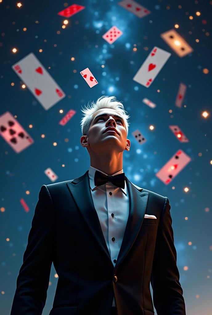 a man with white hair wearing a black tuxedo, looking up at the starry night sky, cards spinning around him, anime, detailed face, detailed eyes, detailed lips, detailed hands, detailed clothing, dramatic lighting, cinematic composition, vibrant colors, fantasy, surreal, magical realism, masterpiece, 8k, high resolution, photorealistic, ultra-detailed, cinematic, dramatic shadows, glowing stars, mystical atmosphere, ethereal, captivating