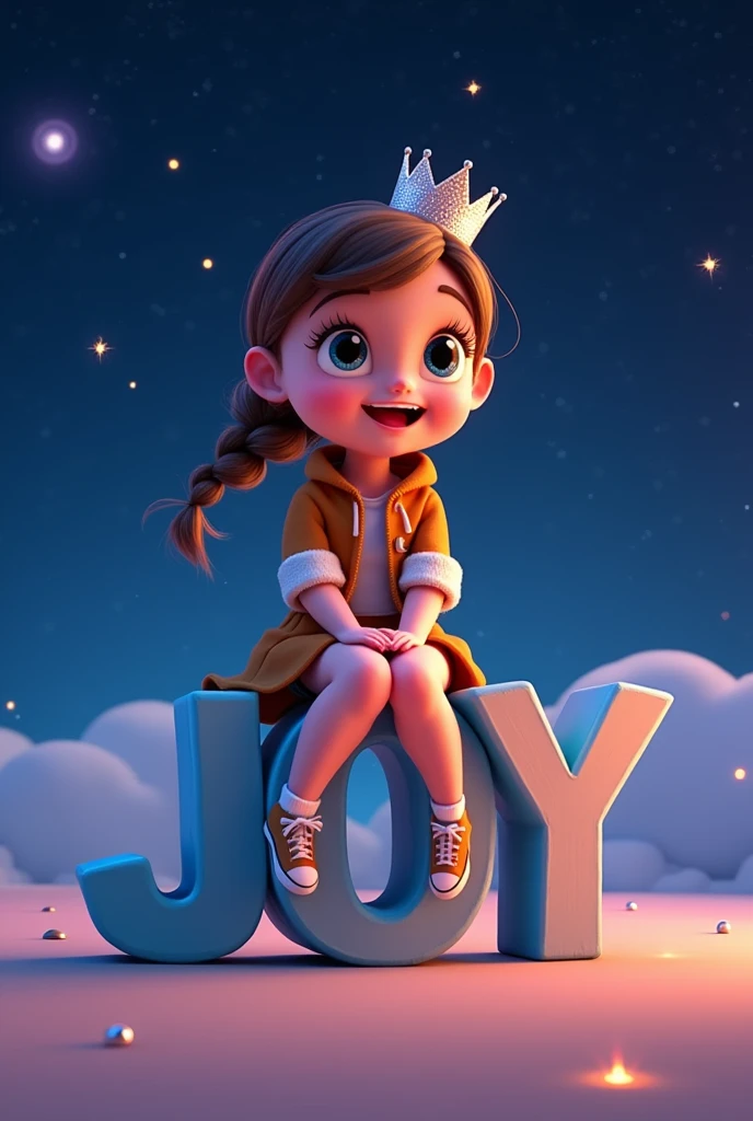 3D Animated of  Cute girl seating in text "ANDREAJOY" with Crown . Wearing Brown and white jacket . the background is blue outer space