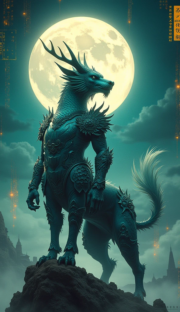 (Highest quality,4K,8k,High resolution,masterpiece:1.2),ultra-detailed,(Realistic,photoRealistic,photo-Realistic:1.37),Portraiture,landscape,Horror,anime,sf,photograph,Concept Artist,Punk Style,moonlight,Ancient paper texture,mecha style,detailed,Personification,Chinese style,seal script,Chinese character,Mythical creatures,Shanghai Jin,Sacred,qilin armor Portraiture,universe