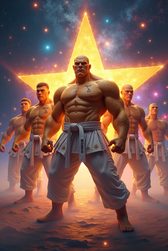 Stars are muscular, wearing judo outfits, fierce.