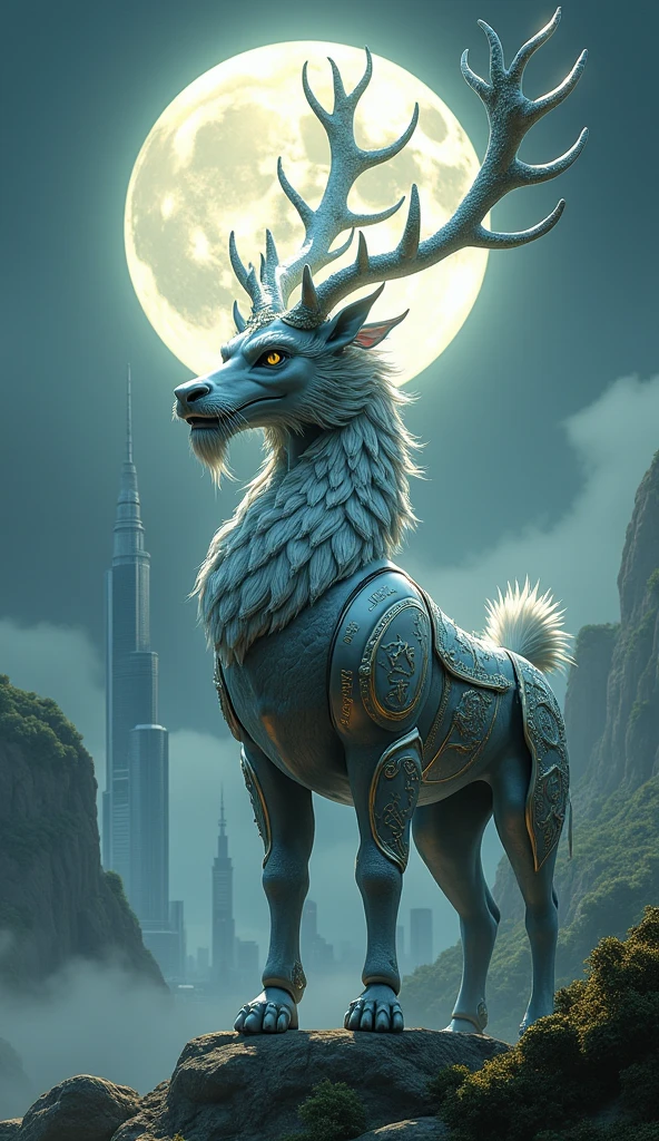(Highest quality,4K,8k,High resolution,masterpiece:1.2),ultra-detailed,(Realistic,photoRealistic,photo-Realistic:1.37),Portraiture,landscape,Horror,anime,sf,photograph,Concept Artist,Punk Style,moonlight,Ancient paper texture,mecha style,detailed,Personification,Chinese style,seal script,Chinese character,Mythical creatures,Shanghai Jin,Sacred,qilin armor Portraiture,universe