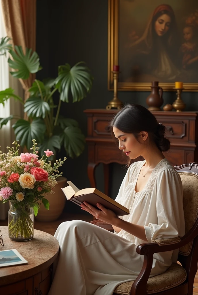 In a large living room a woman sits and reads the Bible, on the table are beautiful flowers in the background Art Nouveau furniture