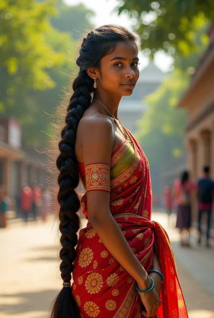 Indian beautiful college girl with long hair braid wearing saree looking Powerful