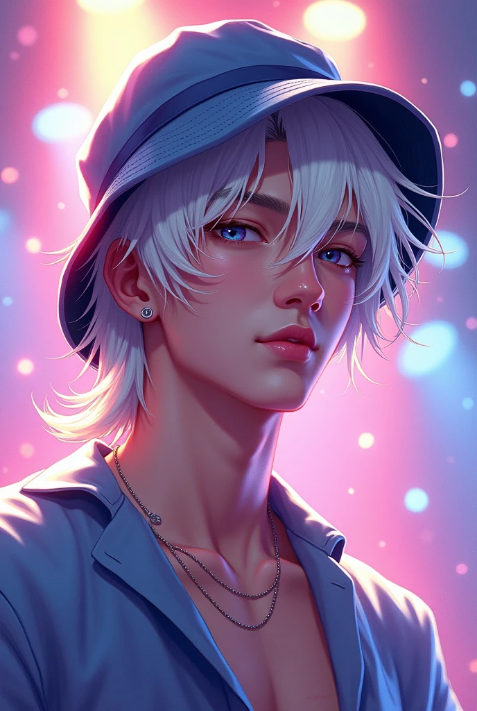 2d photo, white hair, Bucket hat, two block mulet hairstyle, male, idol