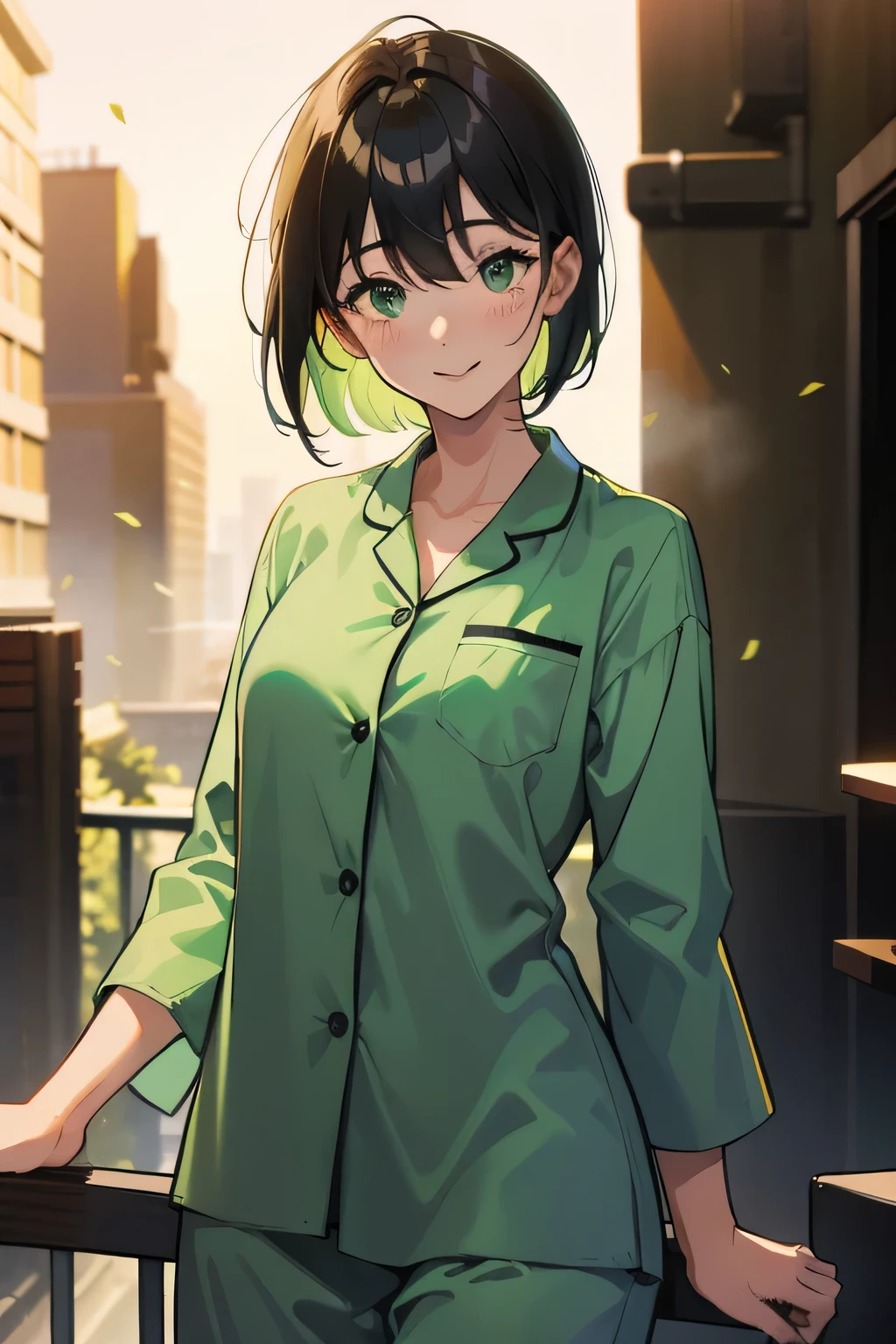 Female 4k 21 years old foggy city green eyes green pajamas black hair shy gentle smile textless city background blur short hair