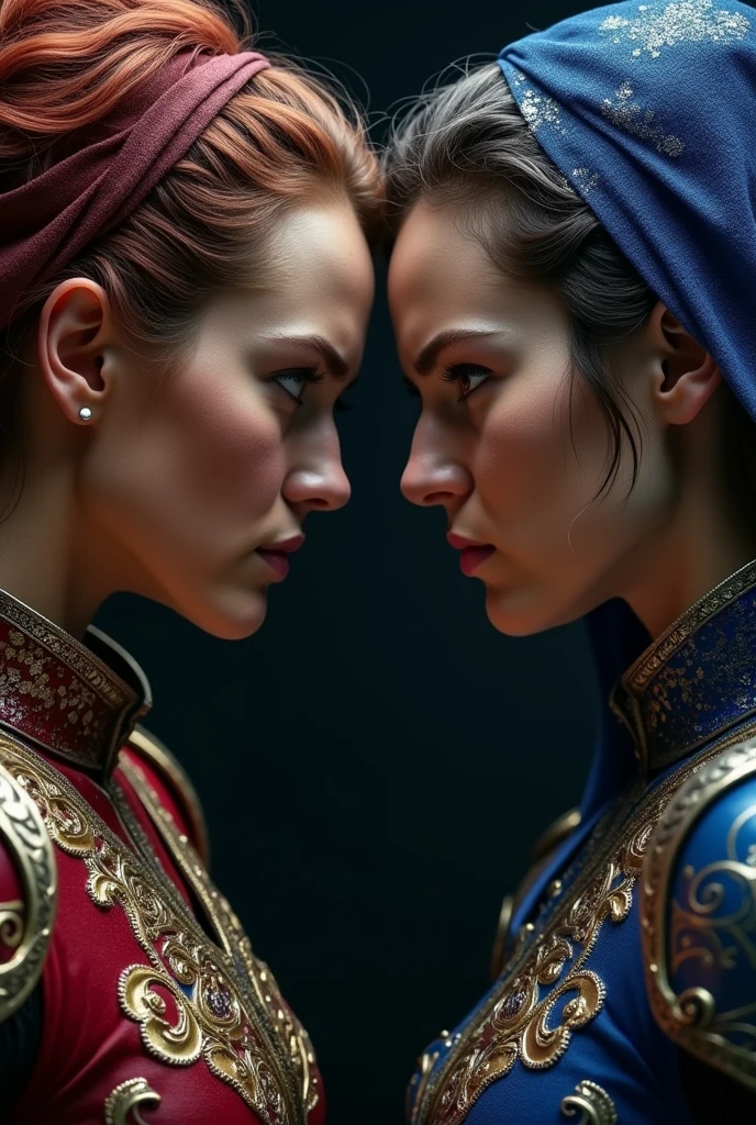 Two ladies facing each other angrily wearing different-colored armors with dark background. I need only their faces, closer.