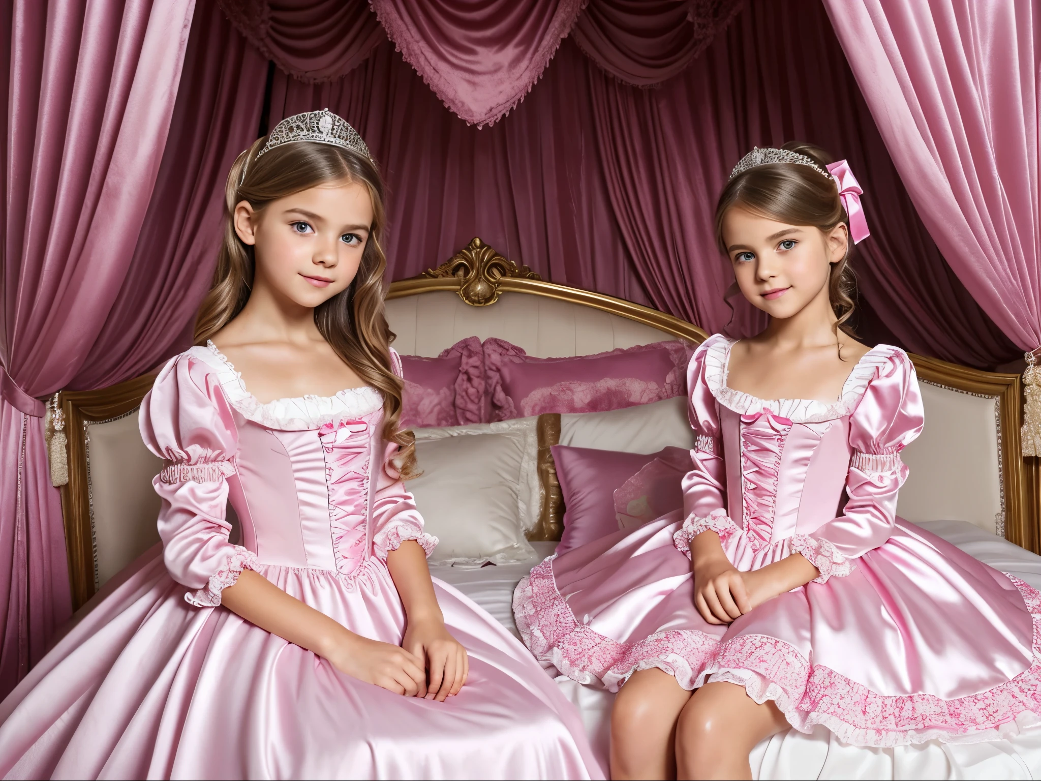 highest quality, masterpiece, highest resolution, artwork, super それにget used to it, many get used to it, get used to it, それにget used to it, 3k realistic pictures,,((10 year old s)),Ultra-detailed juvenile face,ultra-detailed beautiful little girl princess,full length ball gown dress with hoop skirt,ruffled yoke collar,puff sleeves,long sleeve,((Lolita style hot pink iled princess satin dress with lots of ruffles and ribbons)),Rococo style lolita fashion,shiny satinss,Soft and smooth fabric,detailed princess dress,luxury,long blonde hair,blue eyes,white skin european,Pajama,((in the bedroom of the palace)),luxury princess canopy king size pink bed,shiny satin sheets,ultra-detailed princess bed,High-quality background,lot of frilled pillows,on the bed,